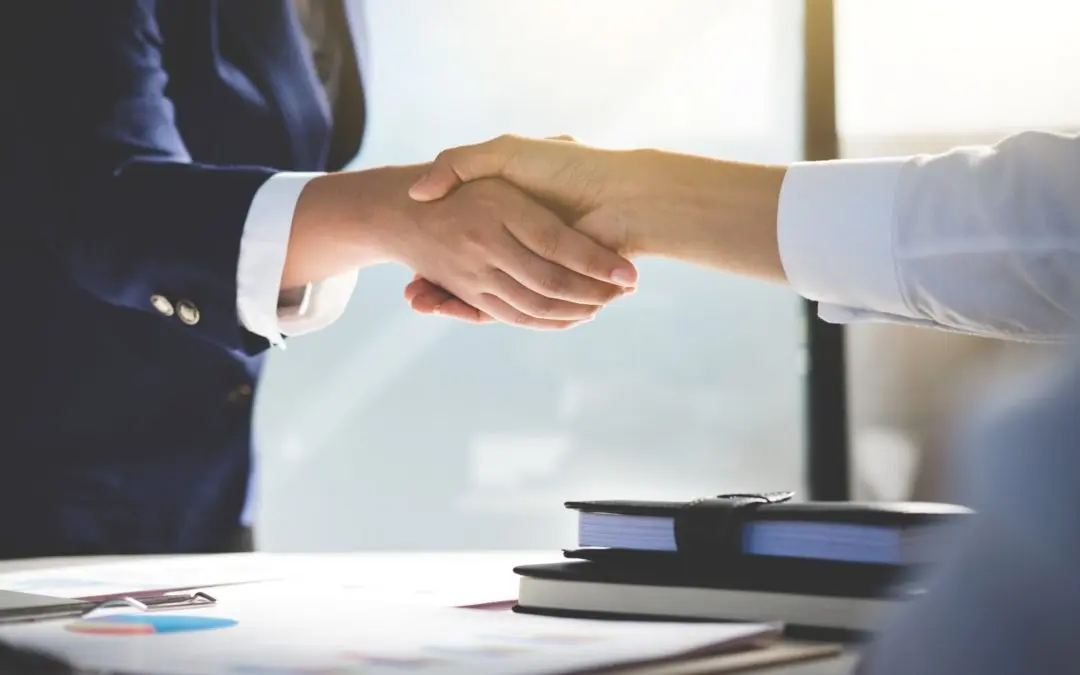 Business professionals shaking hands in office meeting.