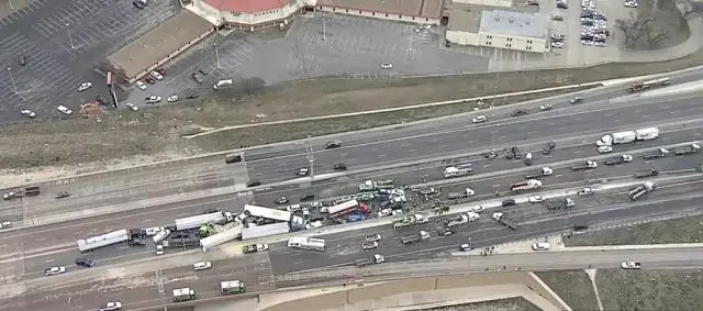 Aerial view of a major highway accident.