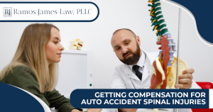 A person sits at a table while a doctor uses a pen to point out areas on a model of a spine.
