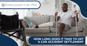 A man sits on a couch with a bandaged leg. He is holding crutches on the ground and there is a wheelchair nearby.