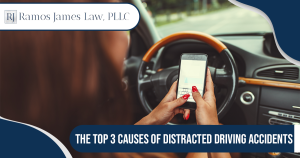 A woman is holding a cell phone with both hands while driving.
