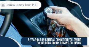 A close-up of a driver reaching for a stick shift while holding an open bottle of alcohol.