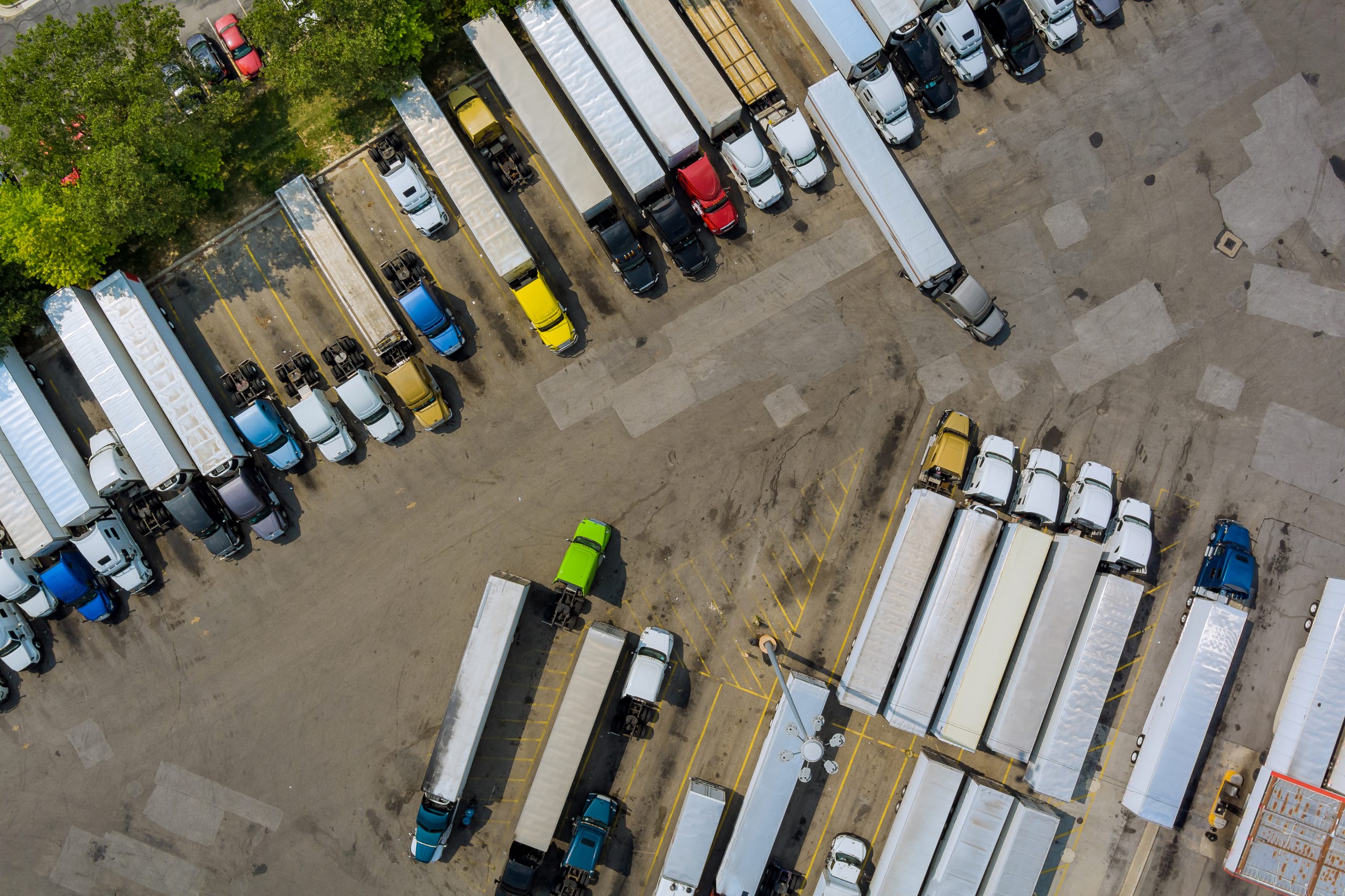 An aerial view of a truck yard